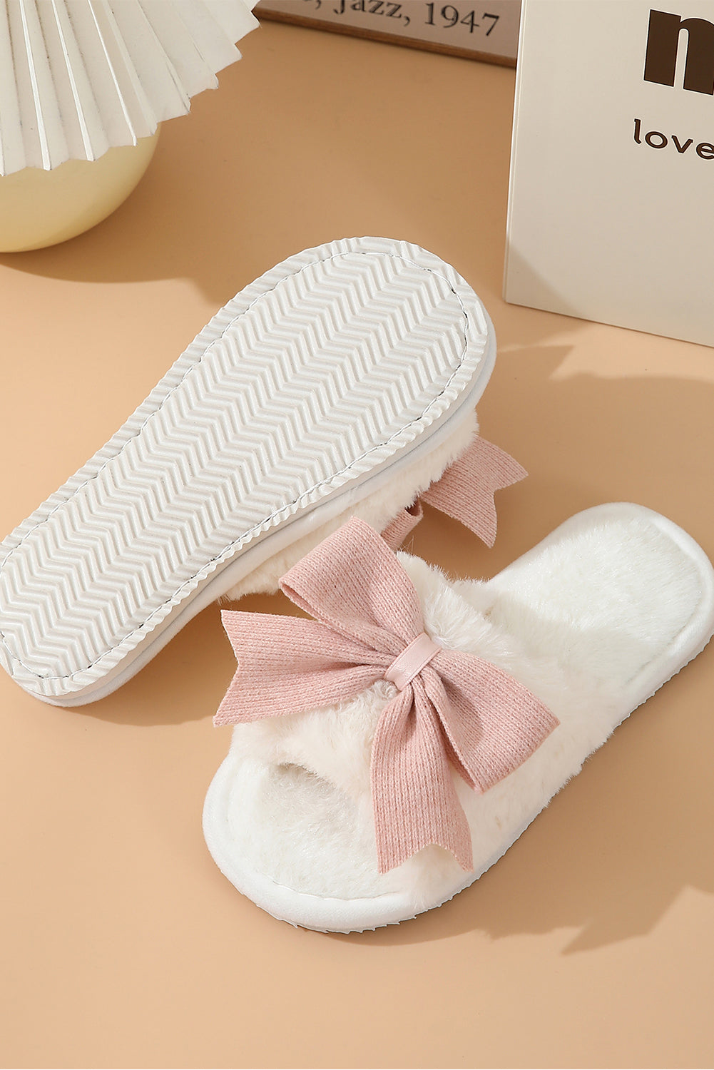 White Bow Knot Open Toe Plush Slippers