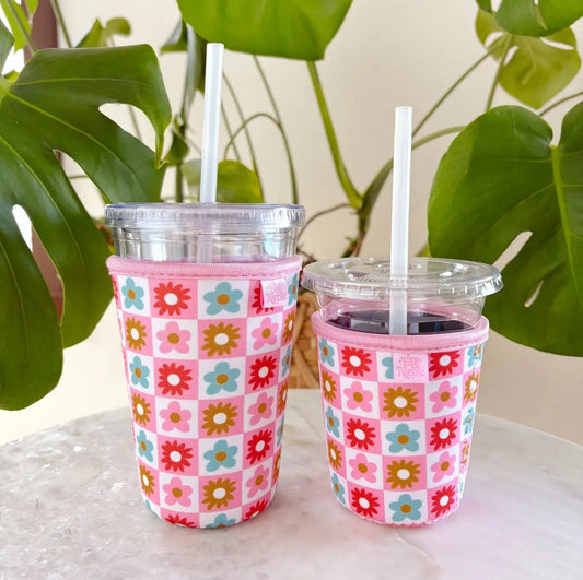 Checked Flowers Iced Coffee Cup Cover